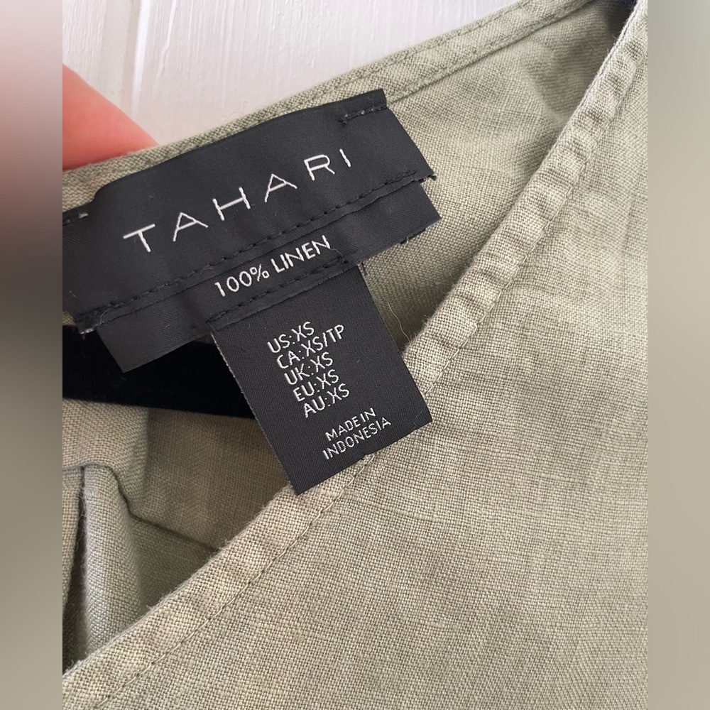 Tahari Sleeveless Olive Green 100% Linen Dress with Button Accents size XS - Picture 3 of 4